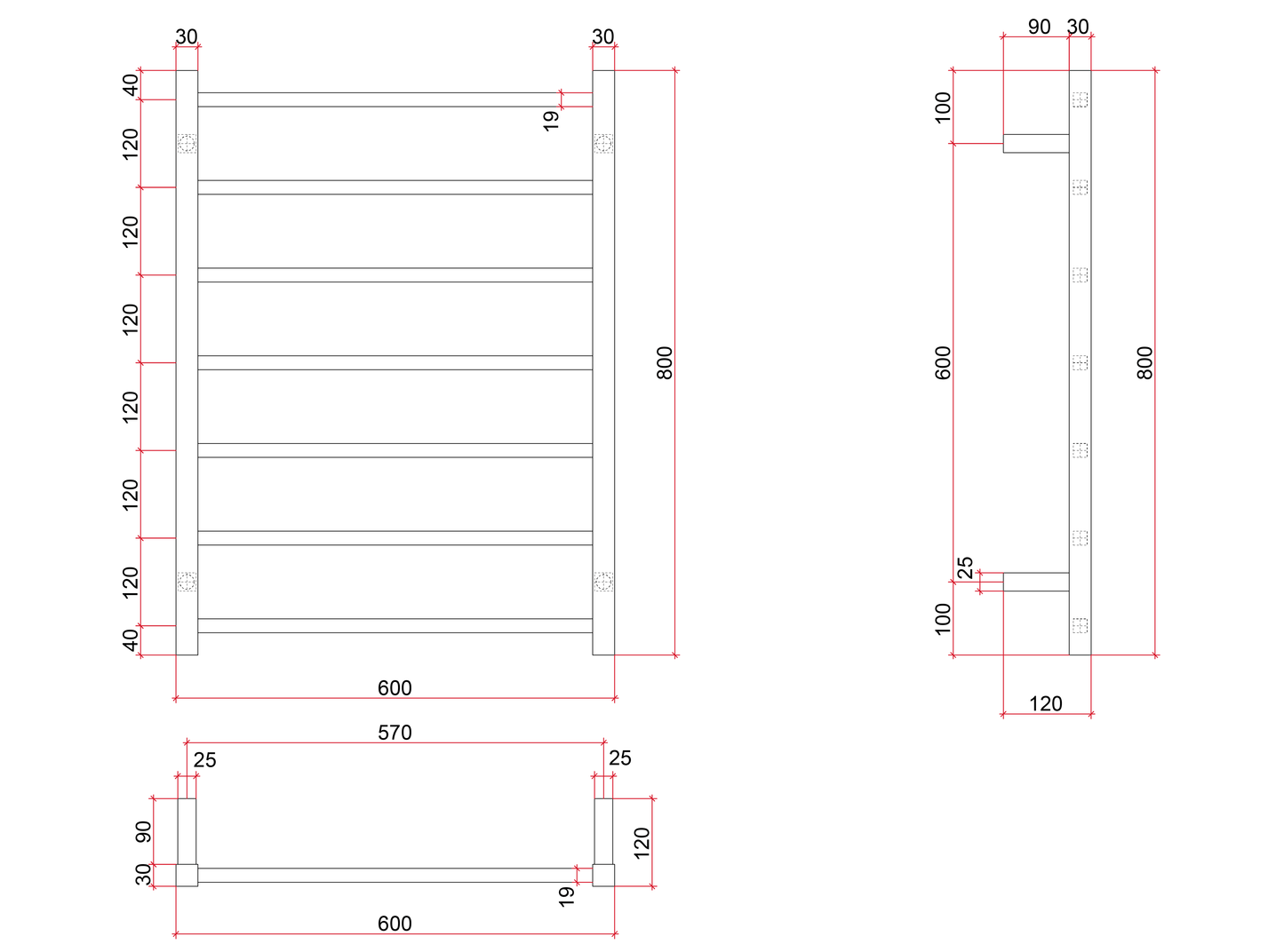 SS44M Straight Square Polished Ladder Heated Towel Rail