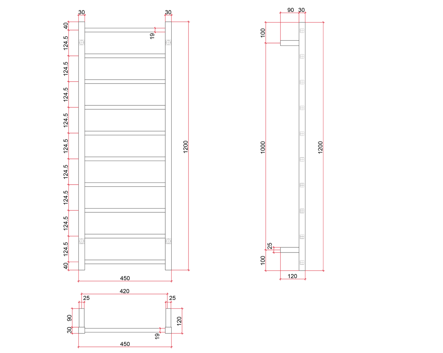 SS19M Straight Square Polished Ladder Heated Towel Rail