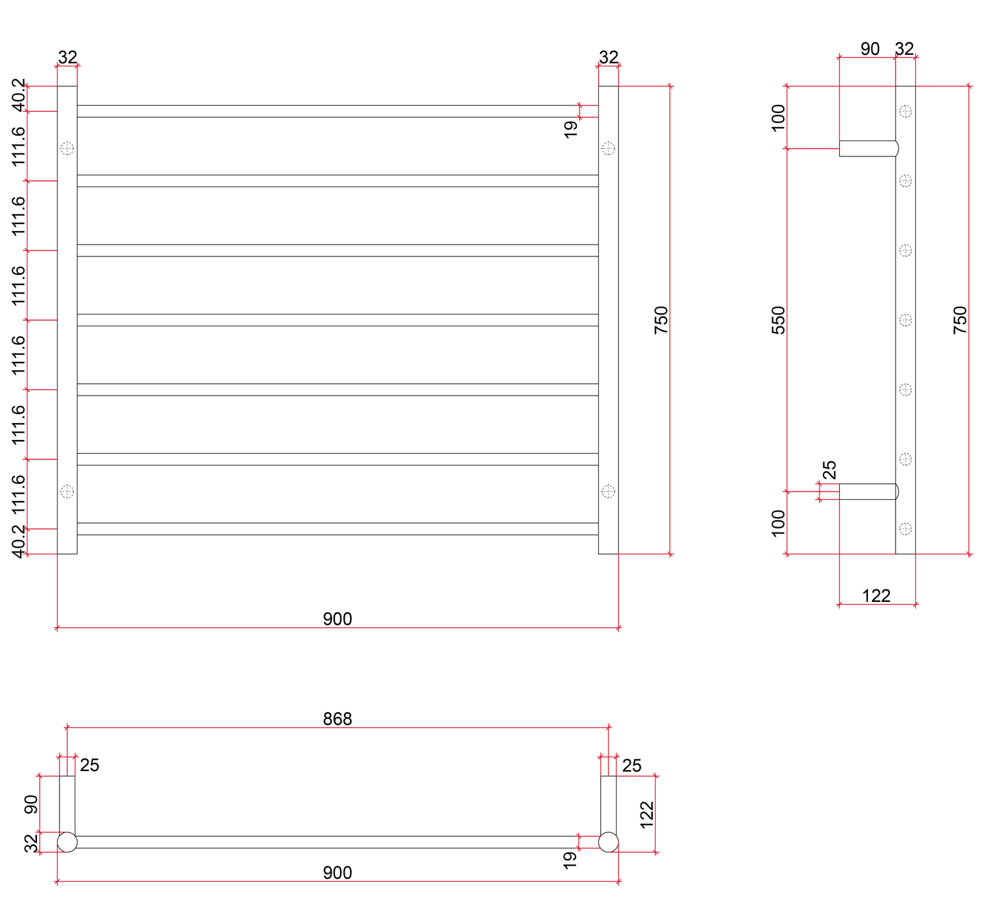 SR93M Straight Round Polished Ladder Heated Towel Rail