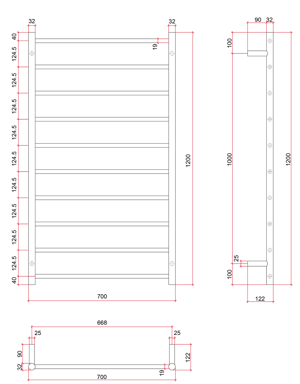 SR69MB Matt Black Straight Round Heated Ladder Rail
