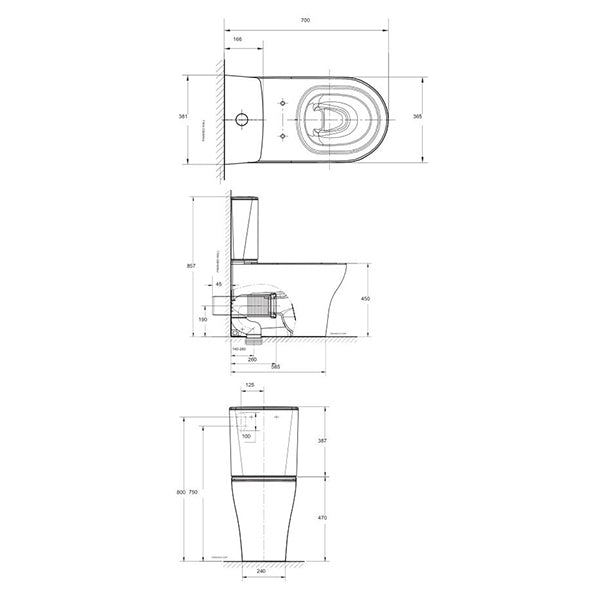 Cygnet Square Overheight Hygiene Rimless Close Coupled Back To Wall Back Inlet Toilet Suite