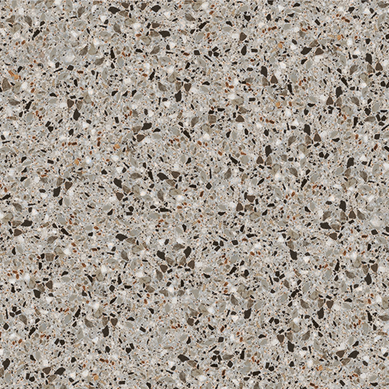 Viareggio Grey terrazzo close up showing charcoal and rust toned chips