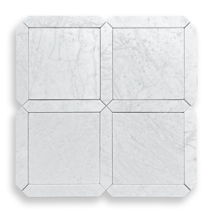 Grande Palazzo Carrara tumbled marble square and geometric mosaic tile