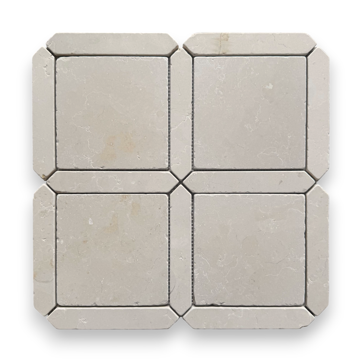 Palazzo Crema Serena tumbled limestone square and geometric mosaic tile
