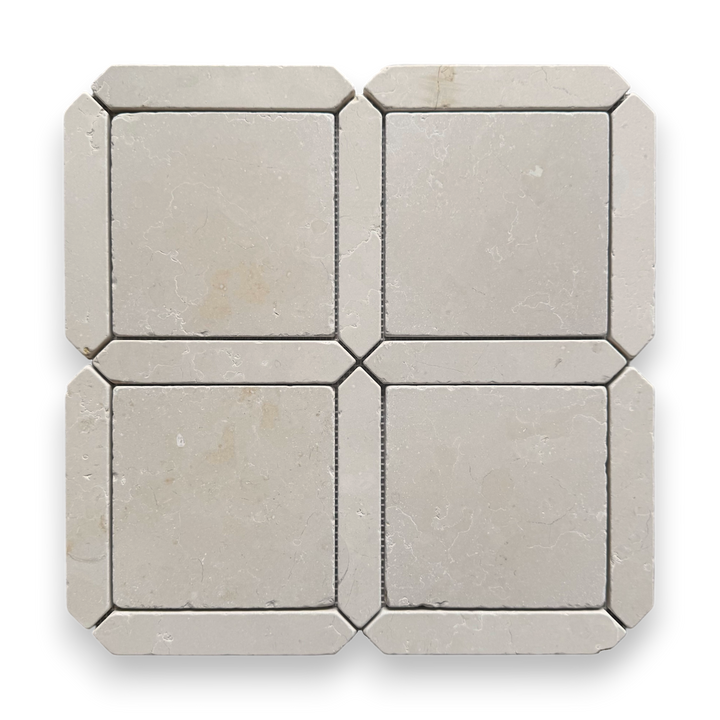 Palazzo Crema Serena tumbled limestone square and geometric mosaic tile