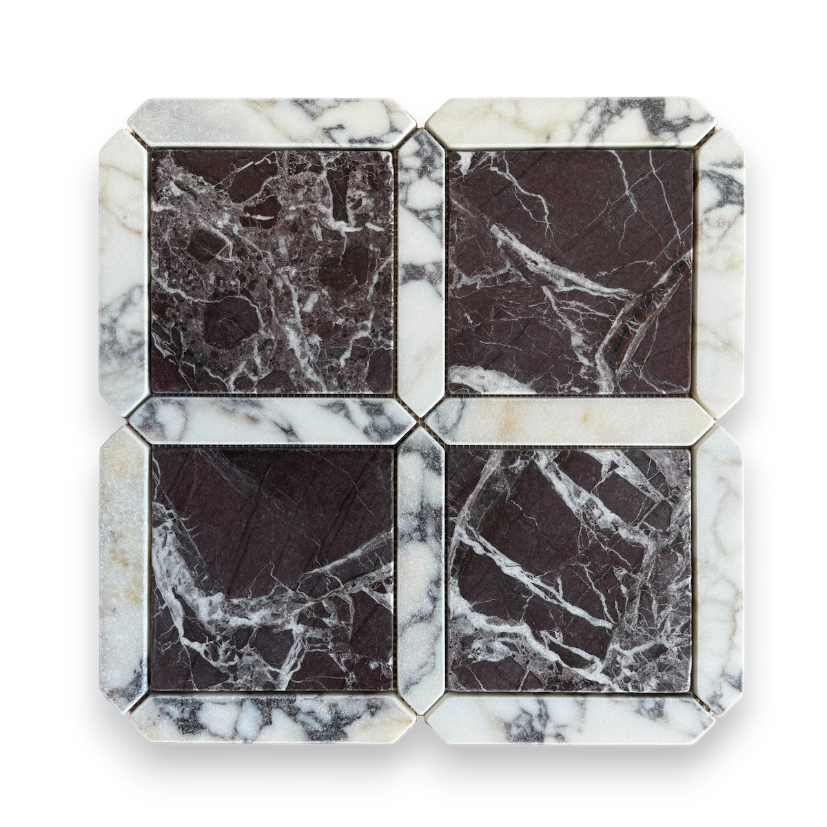 Palazzo Rosso Levanto and Calacatta Viola tumbled marble mosaic tile