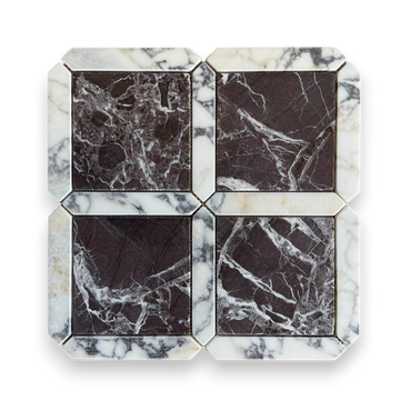 Palazzo Rosso Levanto and Calacatta Viola tumbled marble mosaic tile