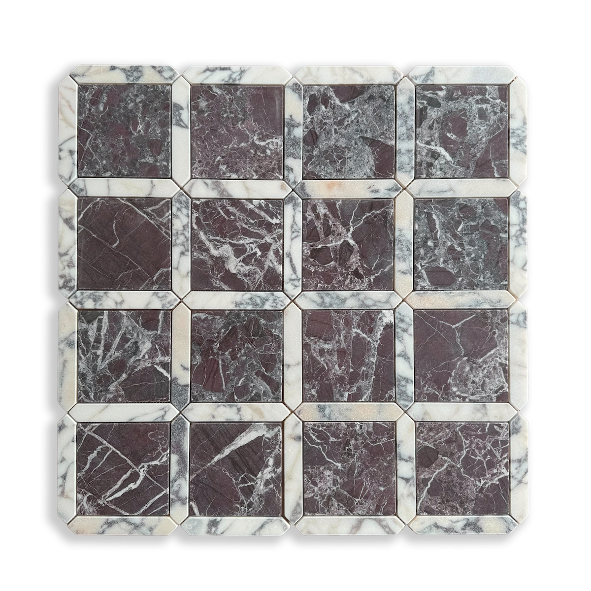 Palazzo Rosso Levanto and Calacatta Viola marble mosaic full sheet layout