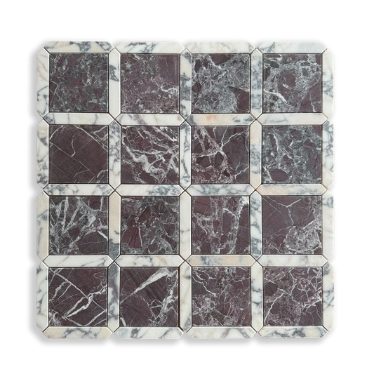 Palazzo Rosso Levanto and Calacatta Viola marble mosaic full sheet layout