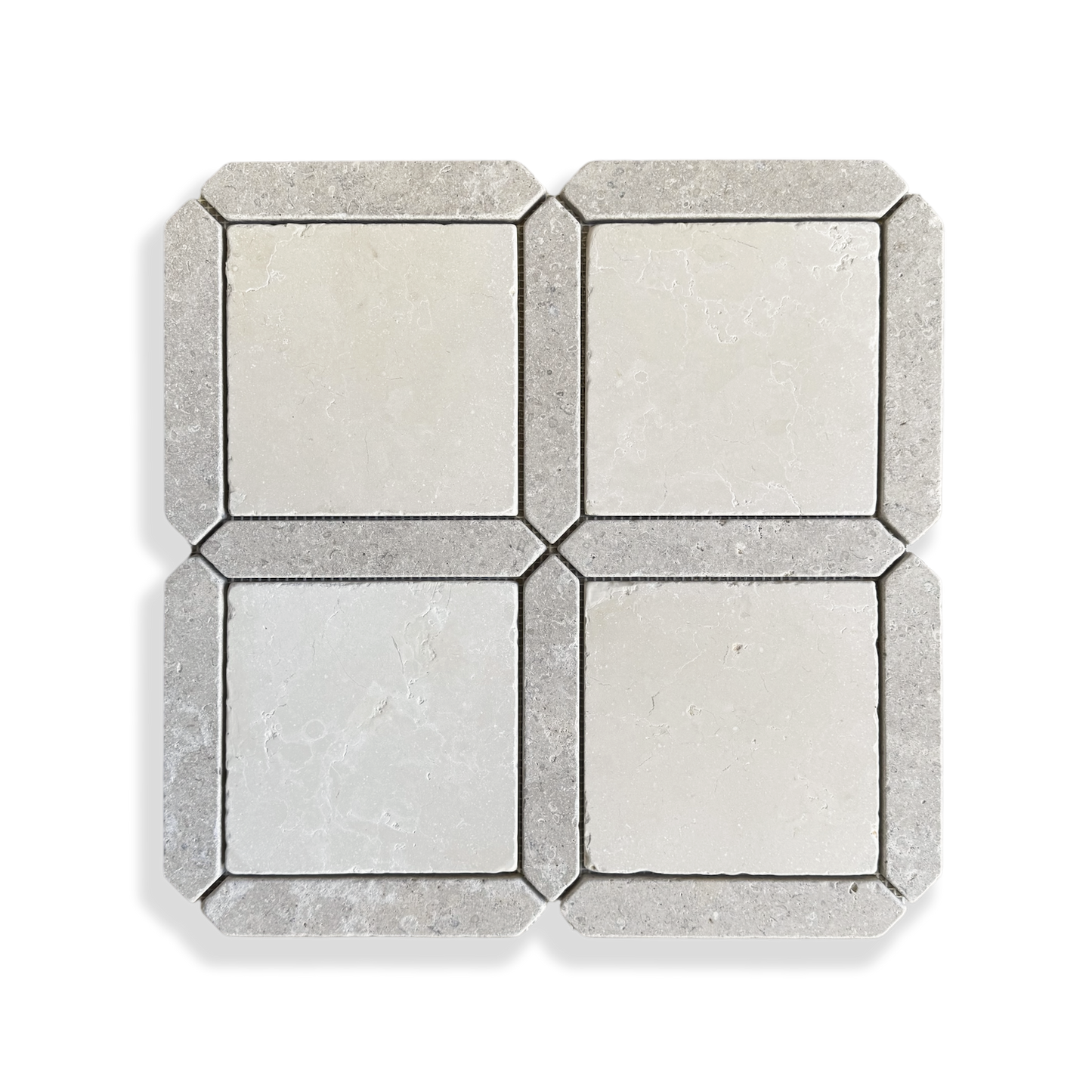 Palazzo Crema Serena and Calcare Naturale tumbled limestone mosaic tile