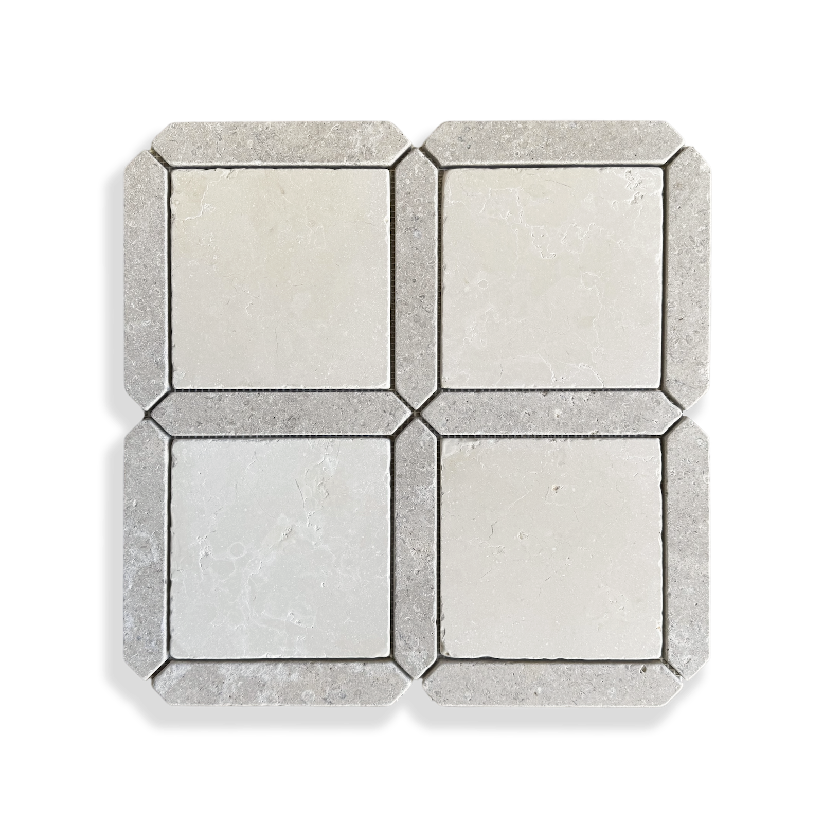 Palazzo Crema Serena and Calcare Naturale tumbled limestone mosaic tile