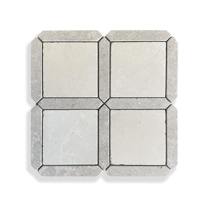 Palazzo Crema Serena and Calcare Naturale tumbled limestone mosaic tile