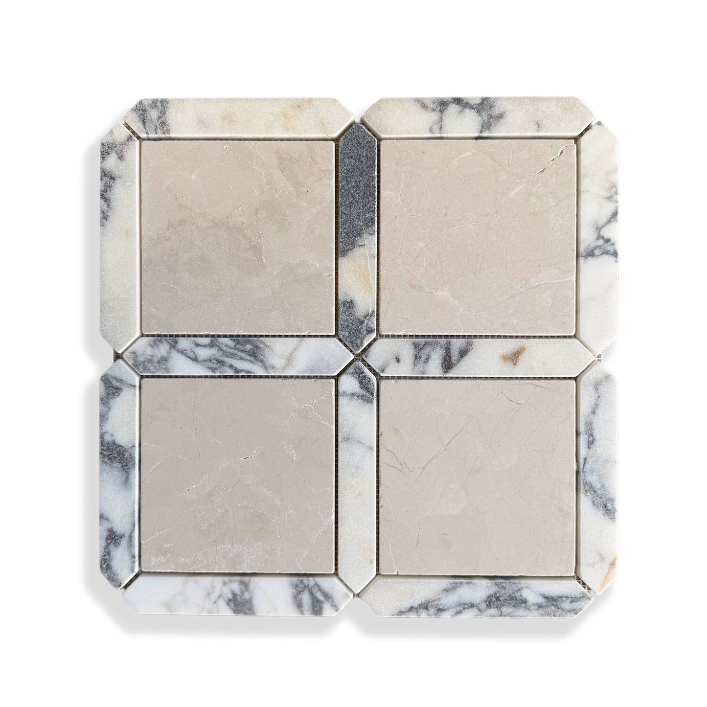 Palazzo Botticino and Calacatta Viola tumbled marble mosaic tile