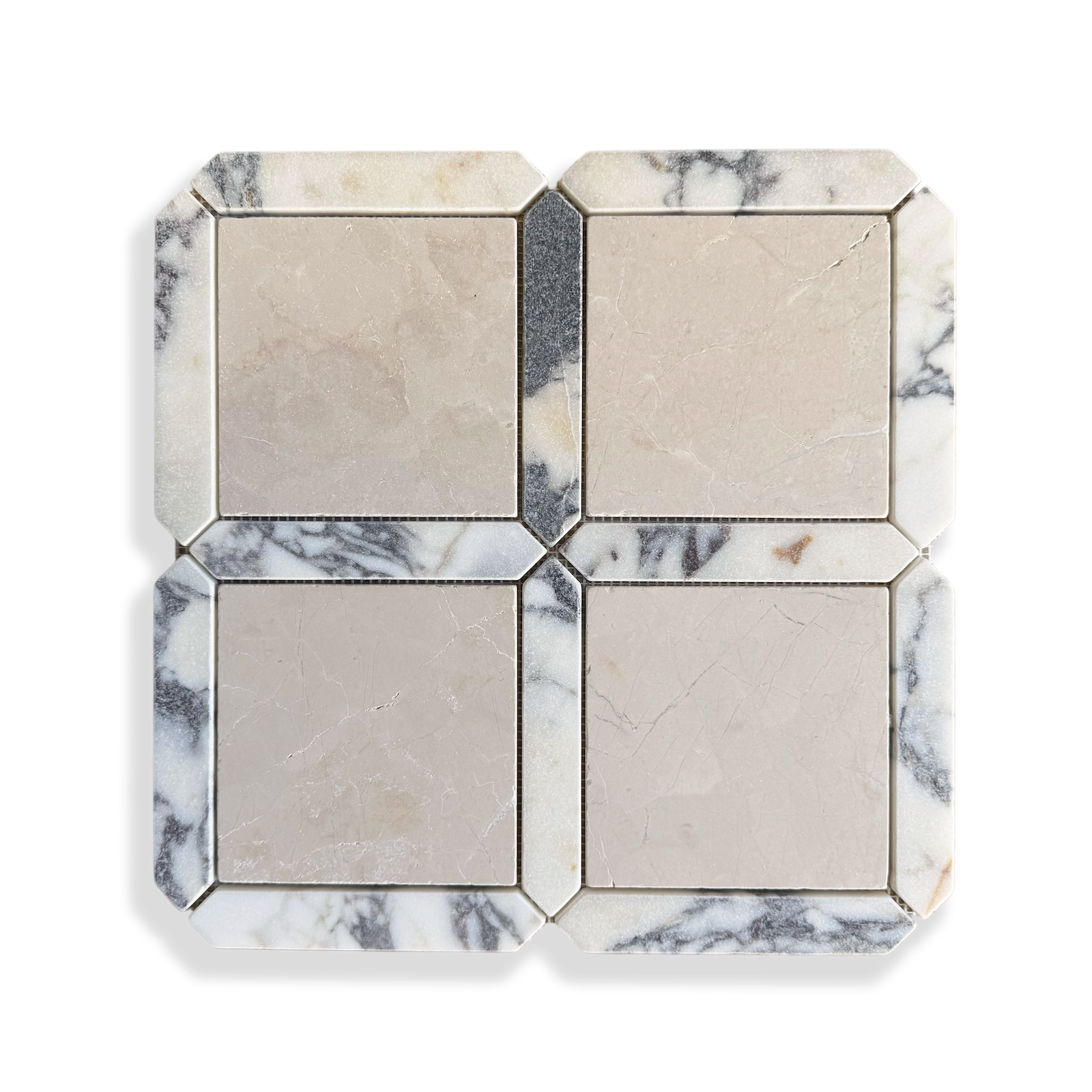 Palazzo Botticino and Calacatta Viola tumbled marble mosaic tile