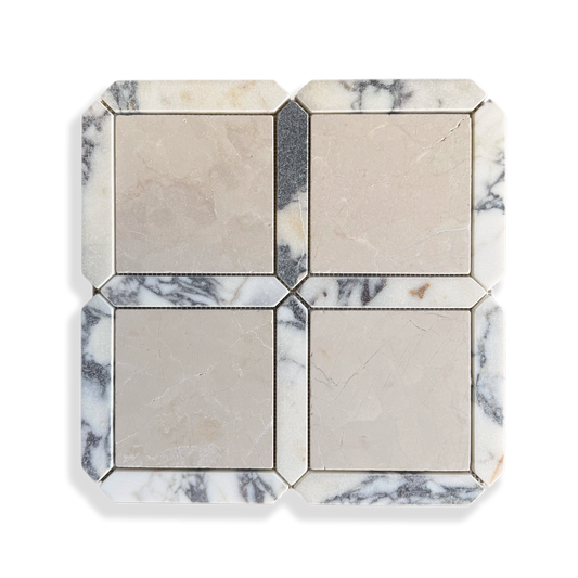 Palazzo Botticino and Calacatta Viola tumbled marble mosaic tile