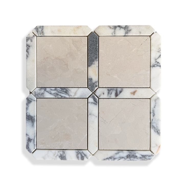 Palazzo Botticino and Calacatta Viola tumbled marble mosaic tile