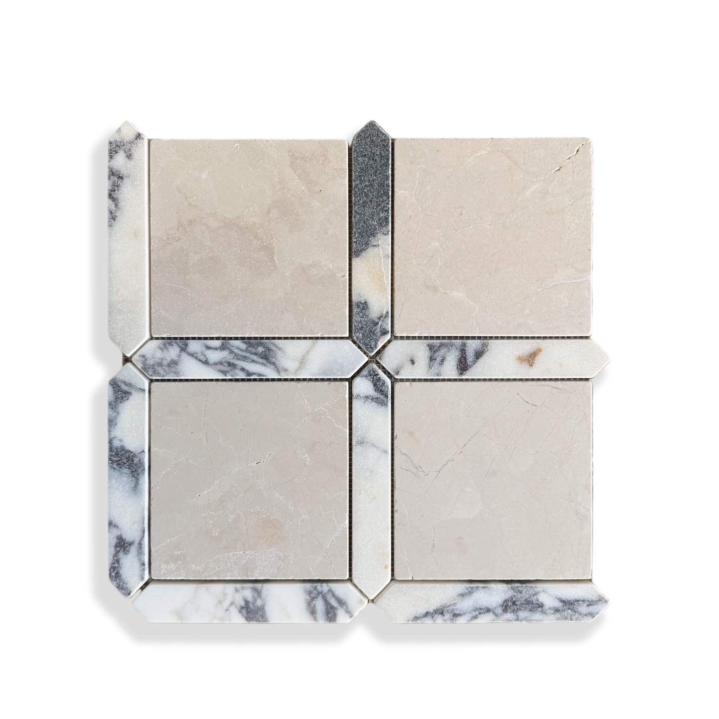 Palazzo Botticino and Calacatta Viola marble mosaic edge detail