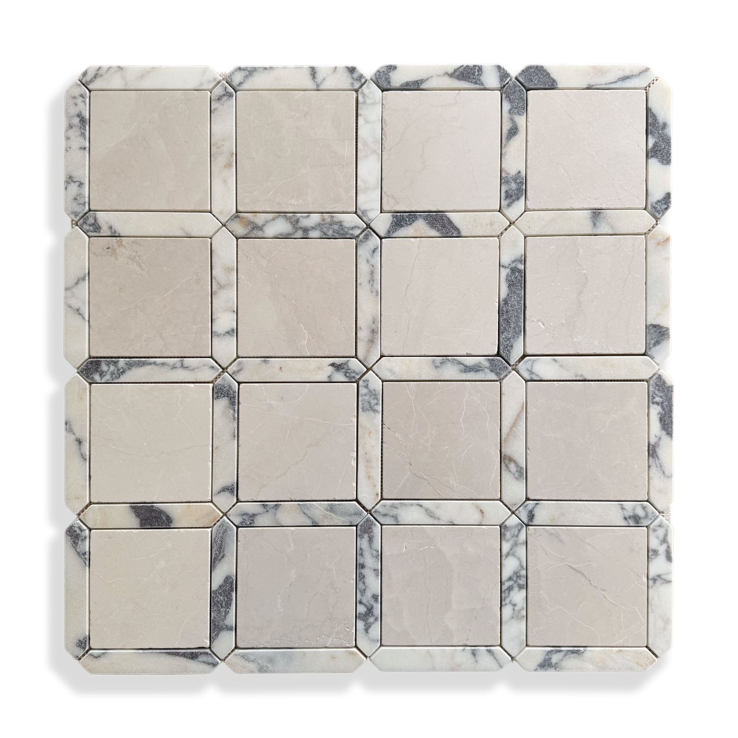 Palazzo Botticino and Calacatta Viola marble mosaic full sheet layout