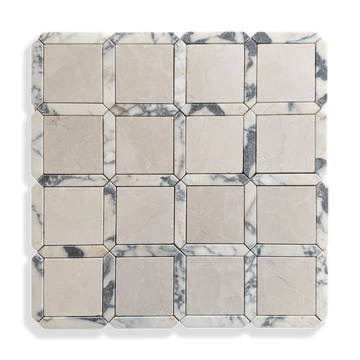 Palazzo Botticino and Calacatta Viola marble mosaic full sheet layout