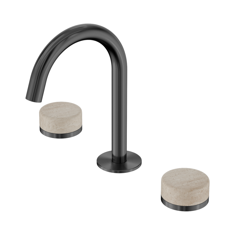 SERENITY BASIN SET ARC SPOUT WITH ROME TRAVERTINE HANDLE GUN METAL