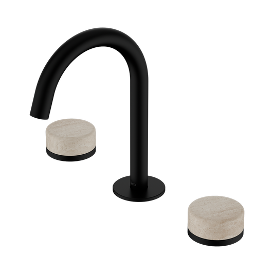 SERENITY BASIN SET ARC SPOUT WITH ROME TRAVERTINE HANDLE MATTE BLACK