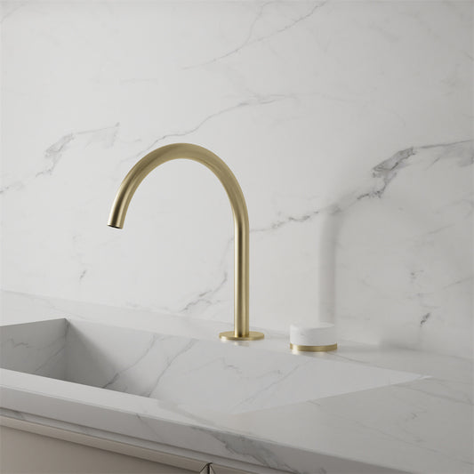 SERENITY PROGRESSIVE BATH/KITCHEN MIXER ARC SPOUT WITH CARRARA HANDLE BRUSHED GOLD