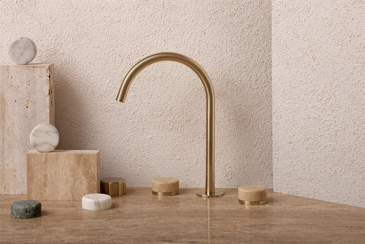 SERENITY BATH/KITCHEN SET ARC SPOUT WITH ROME TRAVERTINE HANDLE BRUSHED GOLD