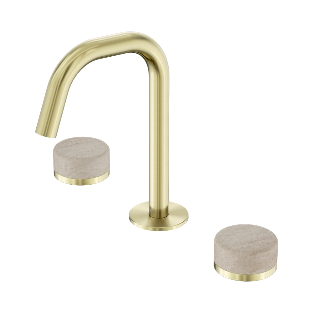 SERENITY BASIN SET EDGE SPOUT WITH ROME TRAVERTINE HANDLE BRUSHED GOLD