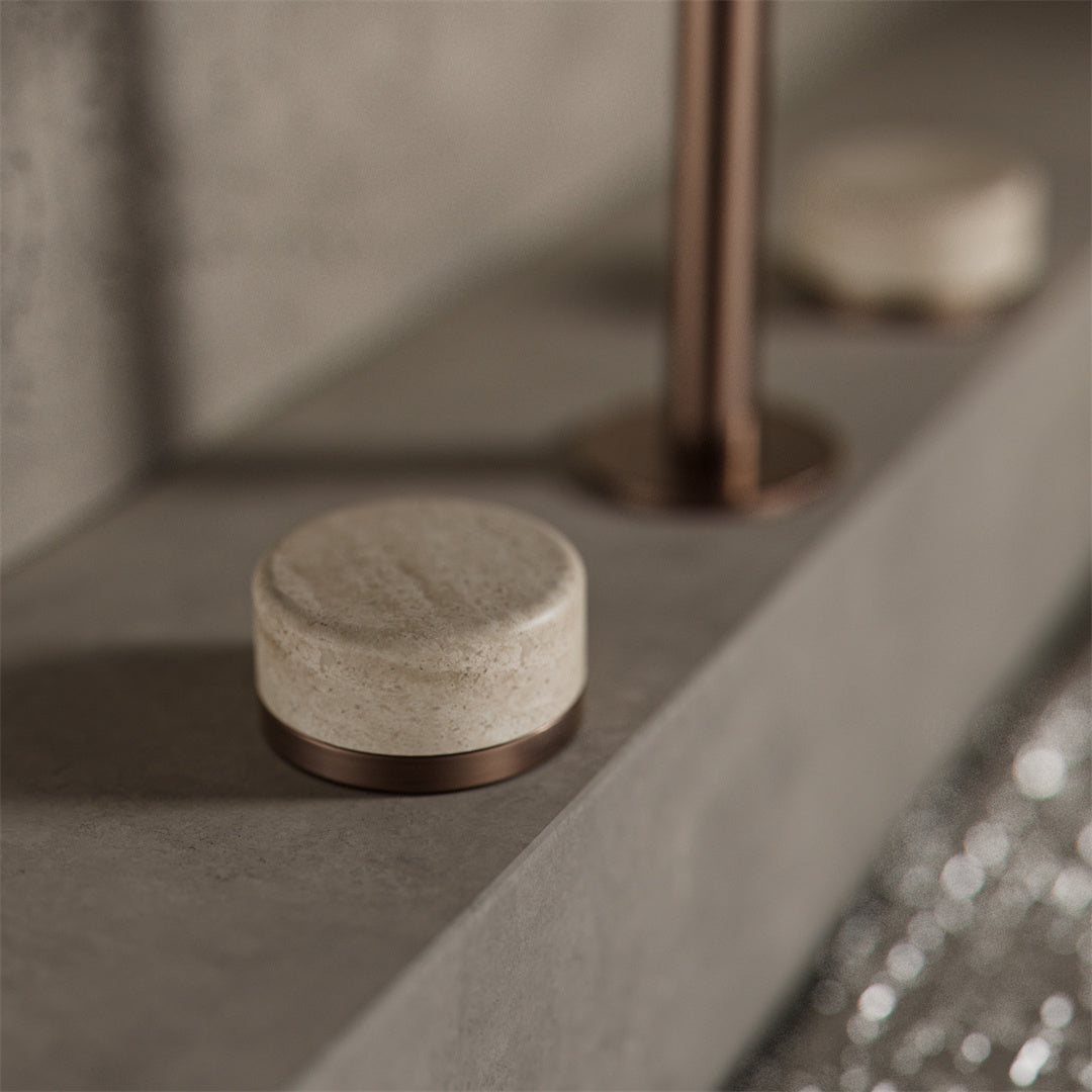 SERENITY BASIN SET EDGE SPOUT WITH ROME TRAVERTINE HANDLE BRUSHED BRONZE