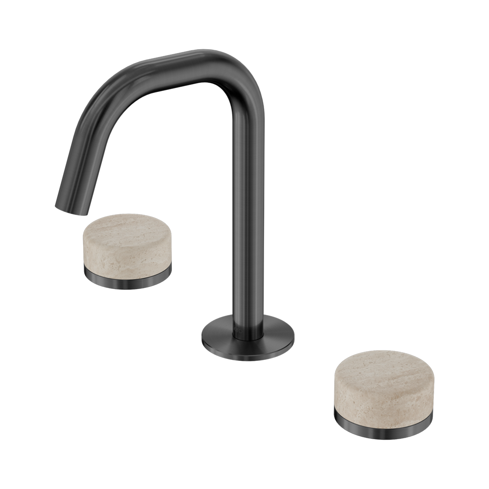 SERENITY BASIN SET EDGE SPOUT WITH ROME TRAVERTINE HANDLE GUN METAL