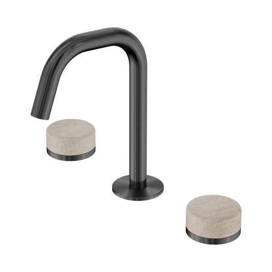 SERENITY BASIN SET EDGE SPOUT WITH ROME TRAVERTINE HANDLE GUN METAL