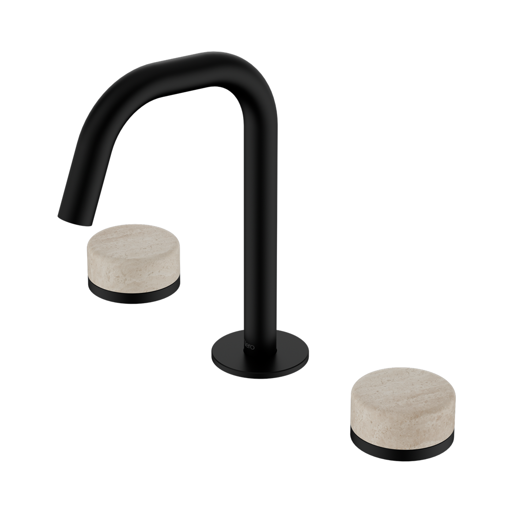 SERENITY BASIN SET EDGE SPOUT WITH ROME TRAVERTINE HANDLE MATTE BLACK