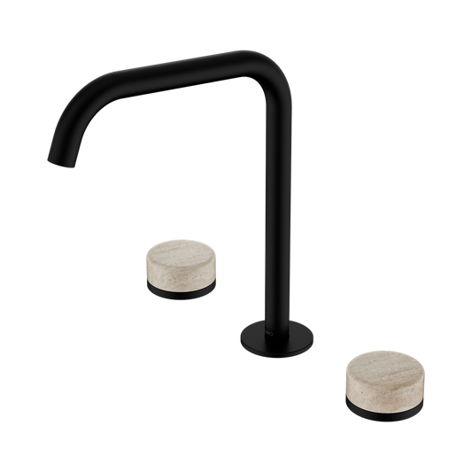 SERENITY BATH/KITCHEN SET EDGE SPOUT WITH ROME TRAVERTINE HANDLE MATTE BLACK