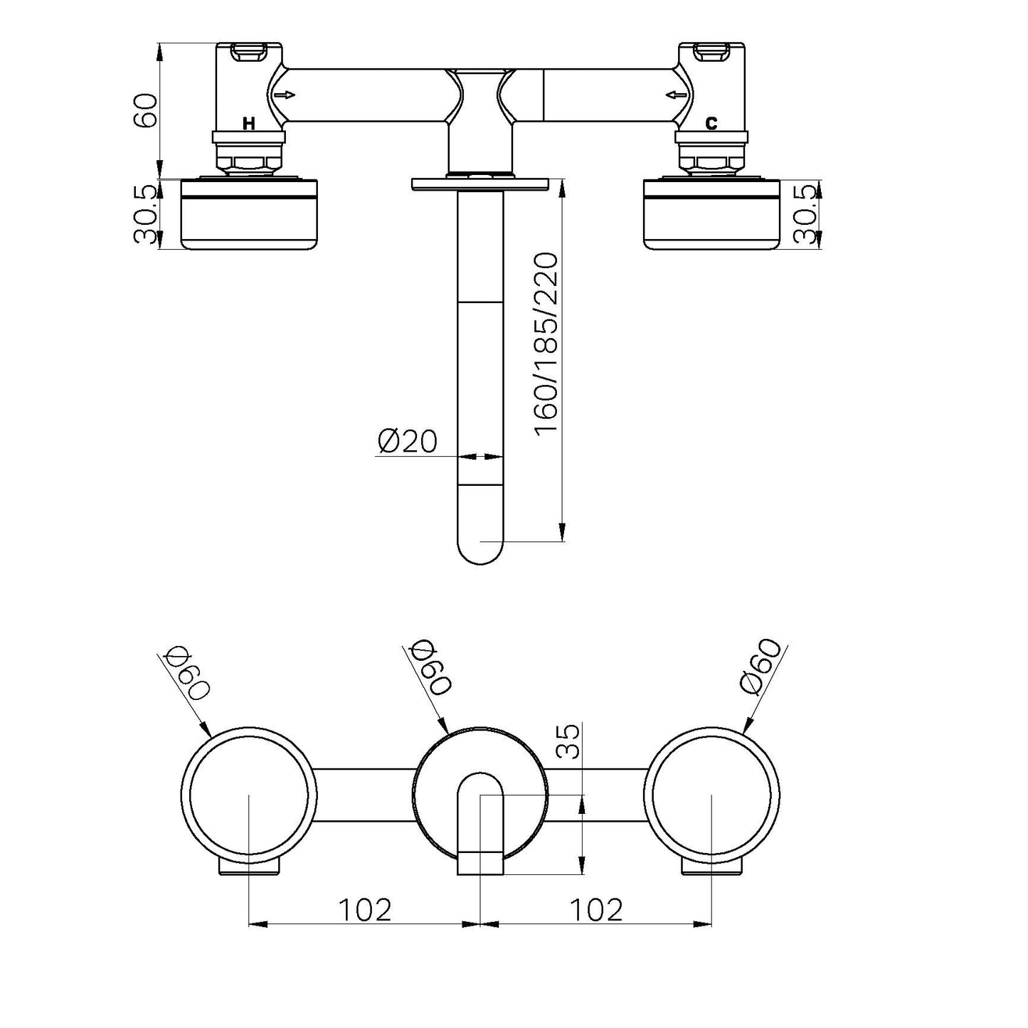 SERENITY WALL BASIN SET 160/185/220MM SPOUT WITH MARQUINA CHROME