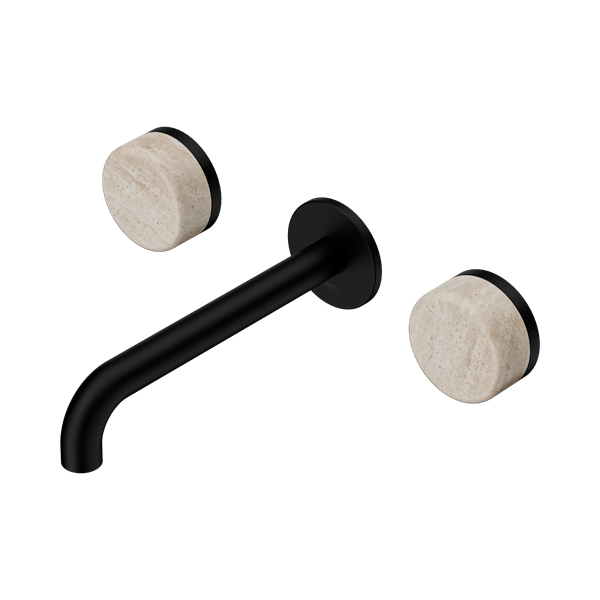 SERENITY WALL BASIN SET 160/185/220MM SPOUT WITH ROME TRAVERTINE HANDLE MATTE BLACK