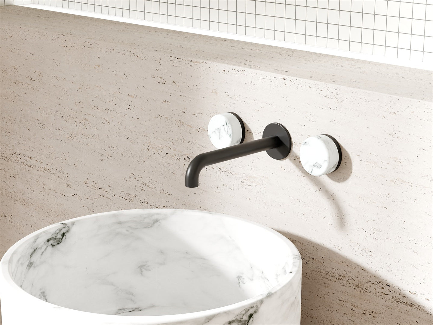 SERENITY WALL BASIN SET 160/185/220MM SPOUT WITH ARABESCATO CORCHIA HANDLE MATTE BLACK