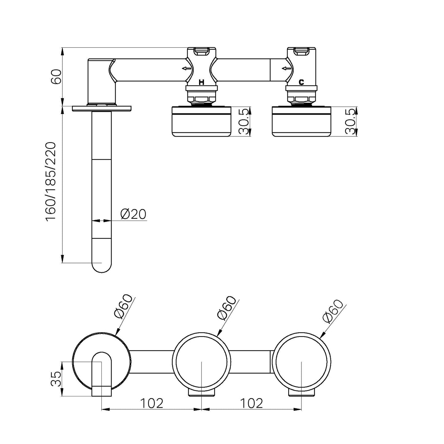 SERENITY WALL BASIN SET 160/185/220MM OFFSET SPOUT WITH MARQUINA CHROME