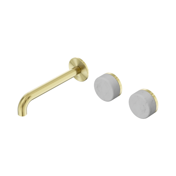 SERENITY WALL BASIN SET 160/185/220MM OFFSET SPOUT WITH CARRARA HANDLE BRUSHED GOLD