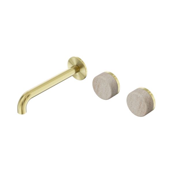 SERENITY WALL BASIN SET 160/185/220MM OFFSET SPOUT WITH ROME TRAVERTINE HANDLE BRUSHED GOLD