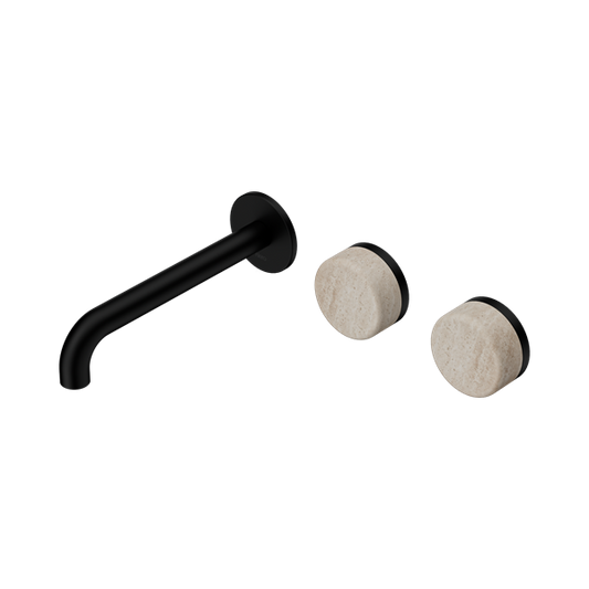SERENITY WALL BASIN SET 160/185/220MM OFFSET SPOUT WITH ROME TRAVERTINE HANDLE MATTE BLACK