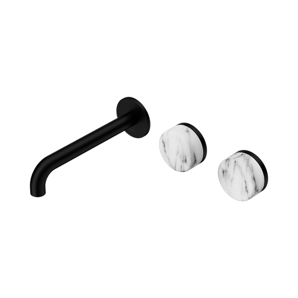 SERENITY WALL BASIN SET 160/185/220MM OFFSET SPOUT WITH ARABESCATO CORCHIA HANDLE MATTE BLACK