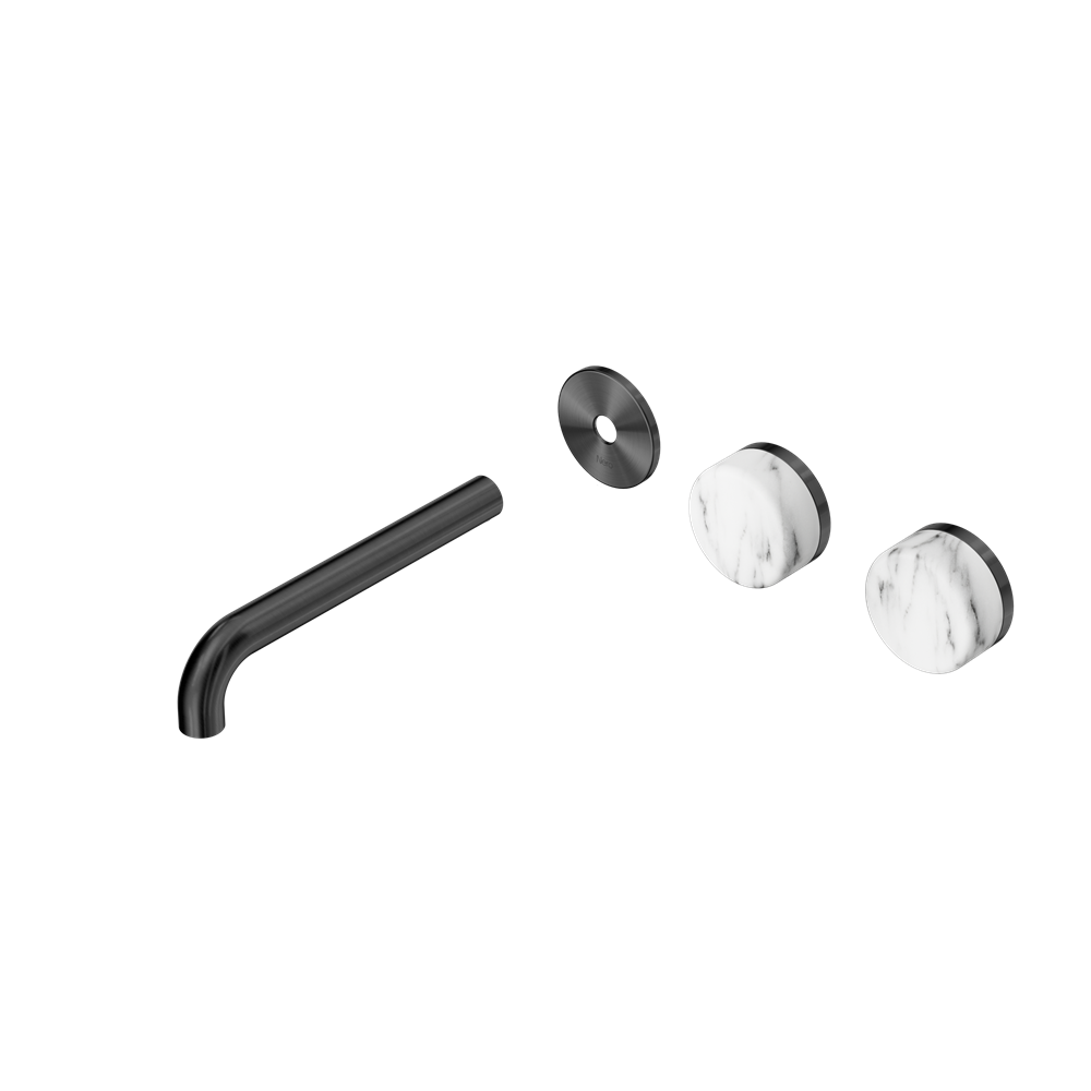 SERENITY WALL BASIN SET 160/185/220MM OFFSET SPOUT WITH ARABESCATO CORCHIA HANDLE TRIM KIT ONLY GUN METAL