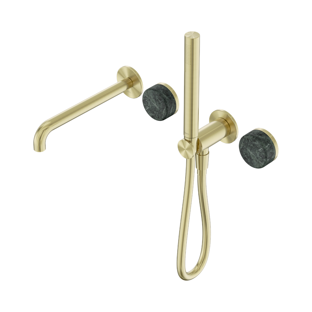 SERENITY PROGRESSIVE SHOWER SYSTEM WITH SPOUT WITH VERDE ALPI HANDLE AND SLIM SHOWER BRUSHED GOLD