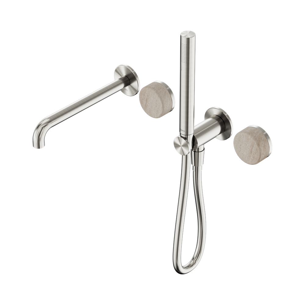 SERENITY PROGRESSIVE SHOWER SYSTEM WITH SPOUT WITH ROME TRAVERTINE HANDLE AND SLIM SHOWER BRUSHED NICKEL