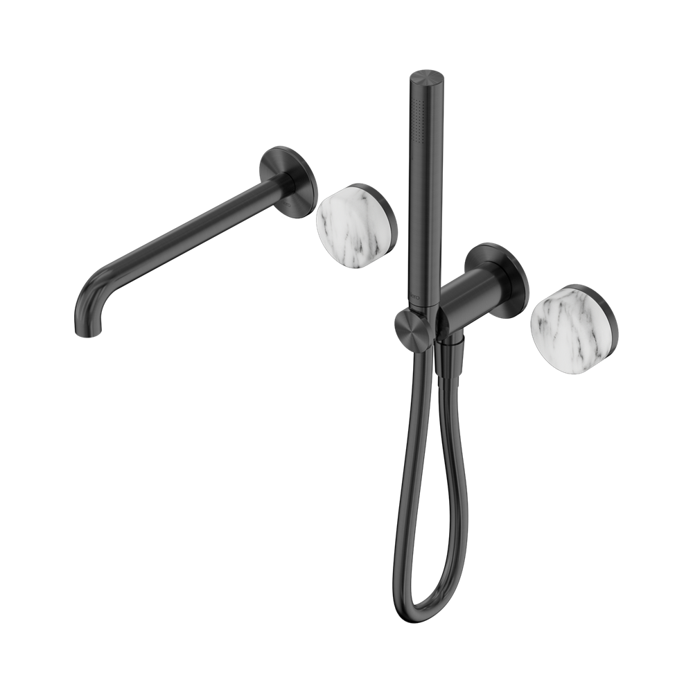 SERENITY PROGRESSIVE SHOWER SYSTEM WITH SPOUT WITH ARABESCATO CORCHIA HANDLE AND SLIM SHOWER GUN METAL
