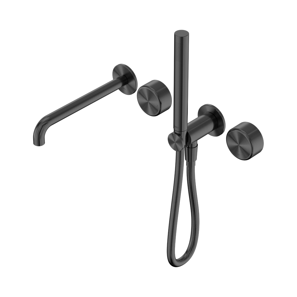 SERENITY PROGRESSIVE SHOWER SYSTEM WITH SPOUT WITH METAL HANDLE AND SLIM SHOWER GUN METAL