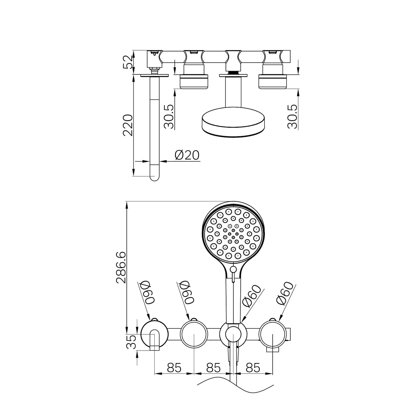 SERENITY PROGRESSIVE SHOWER SYSTEM WITH SPOUT WITH ROME TRAVERTINE HANDLE AND SERENITY HAND SHOWER GUN METAL