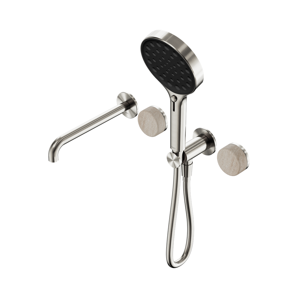 SERENITY PROGRESSIVE SHOWER SYSTEM WITH SPOUT WITH ROME TRAVERTINE HANDLE AND SERENITY HAND SHOWER BRUSHED NICKEL