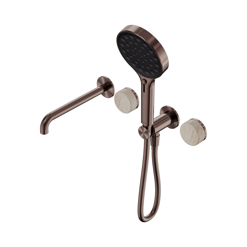 SERENITY PROGRESSIVE SHOWER SYSTEM WITH SPOUT WITH ROME TRAVERTINE HANDLE AND SERENITY HAND SHOWER BRUSHED BRONZE