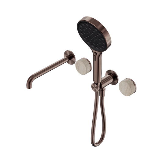SERENITY PROGRESSIVE SHOWER SYSTEM WITH SPOUT WITH ROME TRAVERTINE HANDLE AND SERENITY HAND SHOWER BRUSHED BRONZE